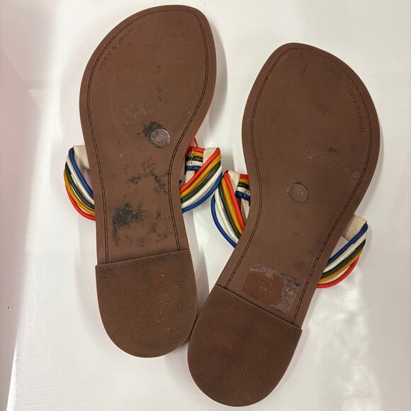 Tory Burch Miller Mignon Sandals Ivory Rainbow Strap Flat Slip On Sandals Size 5 - Picture 6 of 7